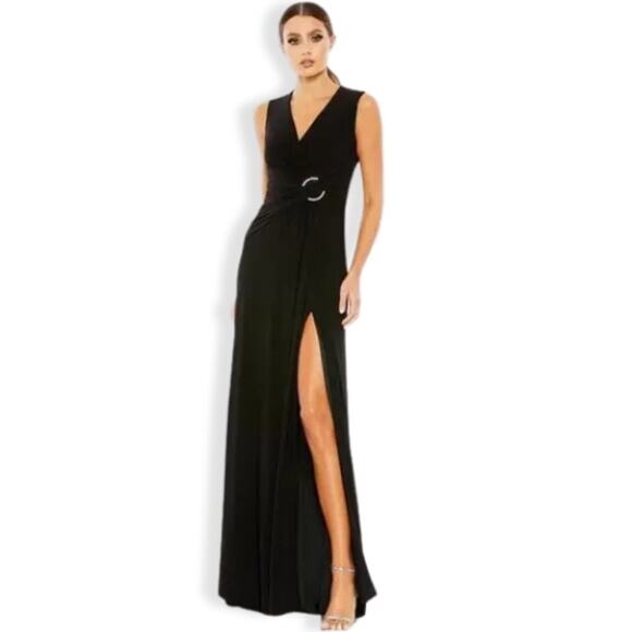 Leena For Mac Duggal Maxi Dress Pleated Knotted Ruched Waist Black Plus 20 NWT - Picture 1 of 10